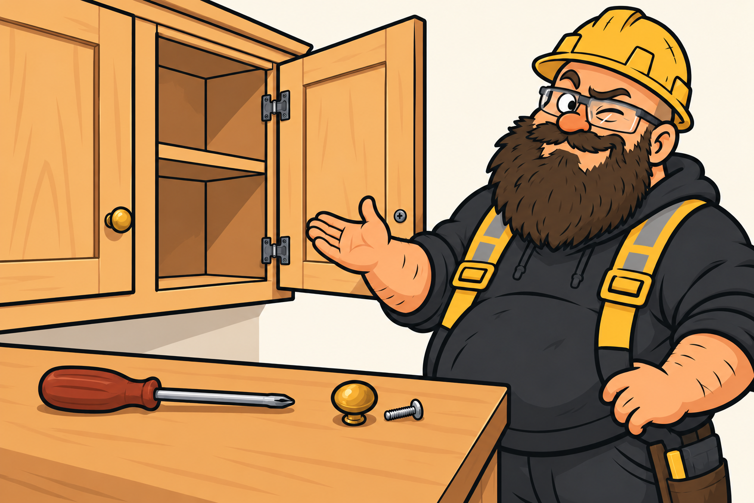 Stocky DIY helper with a large shaggy beard beside an open wooden cabinet, with a plain brown manual screwdriver, spare knob and screw on the worktop.