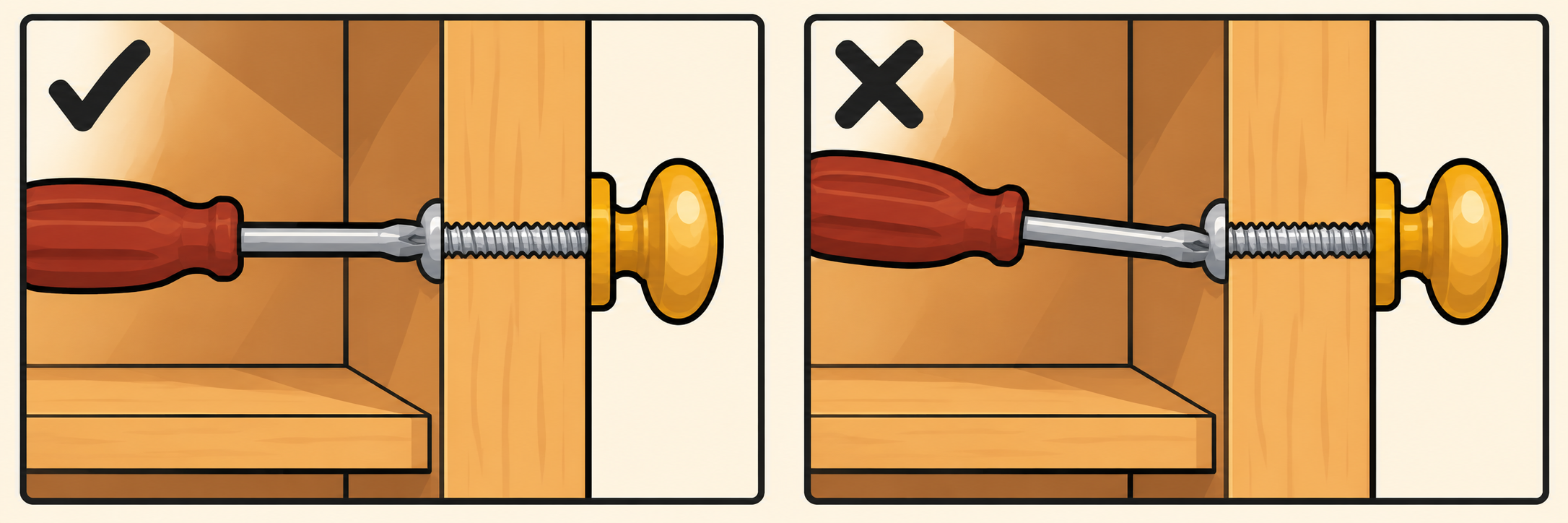 Side view: screwdriver shaft aligned with a cabinet screw through a door into a knob.