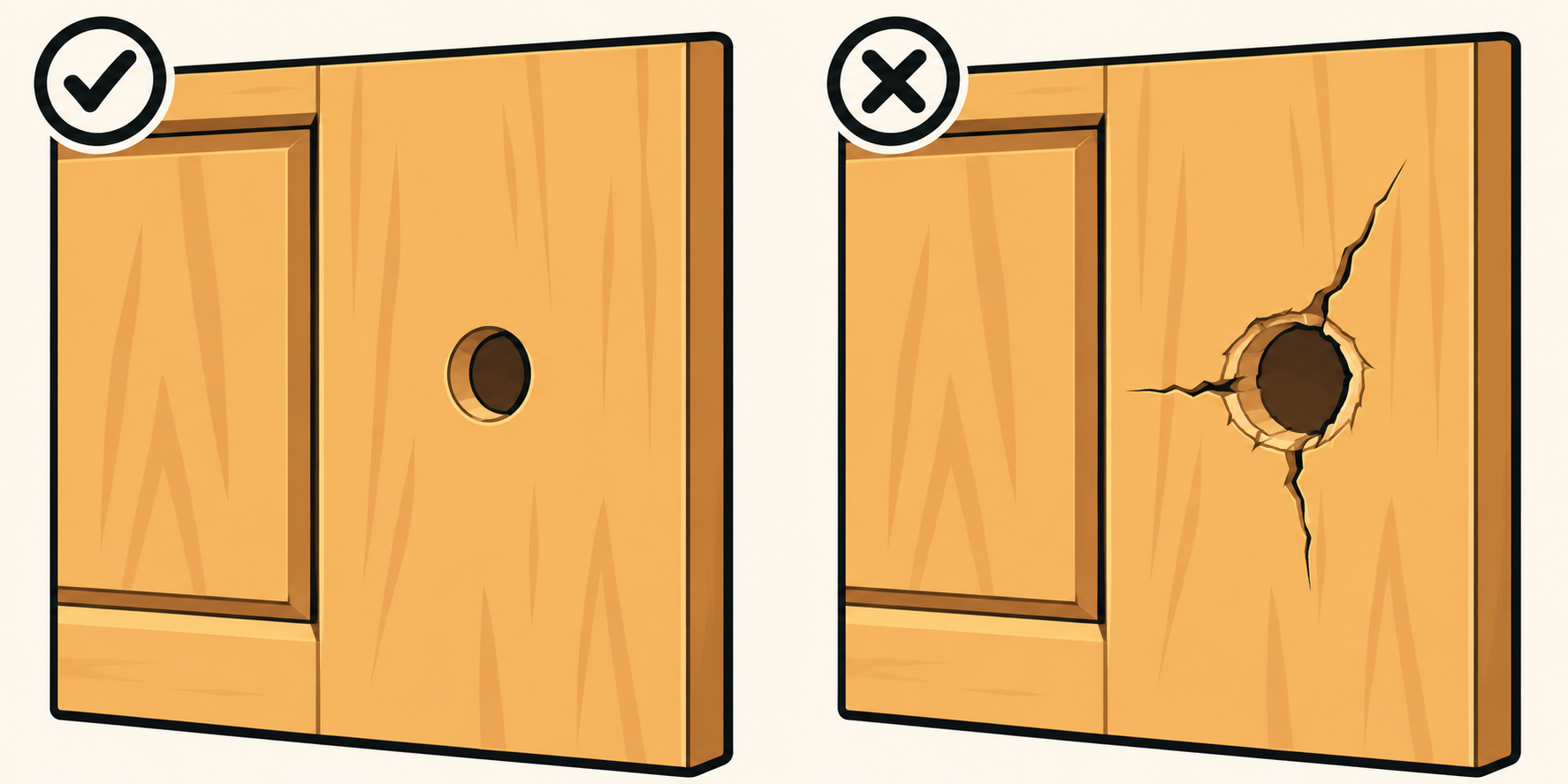 Front view: round existing hole in a sound cabinet panel.