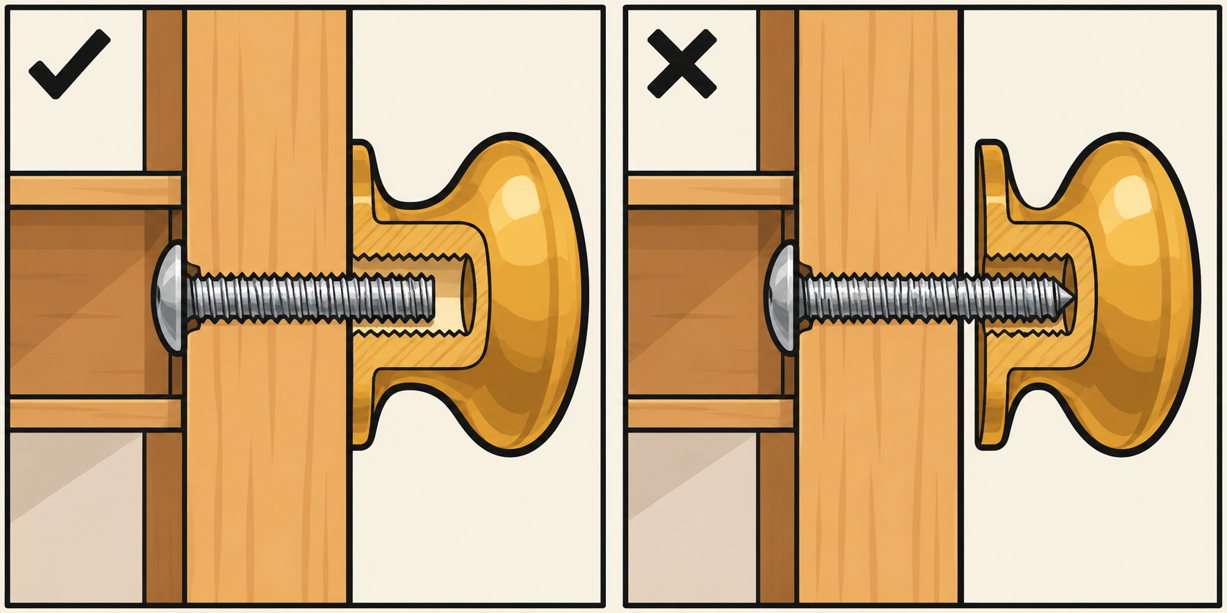 Cutaway: screw engages a knob seated against a cabinet door.