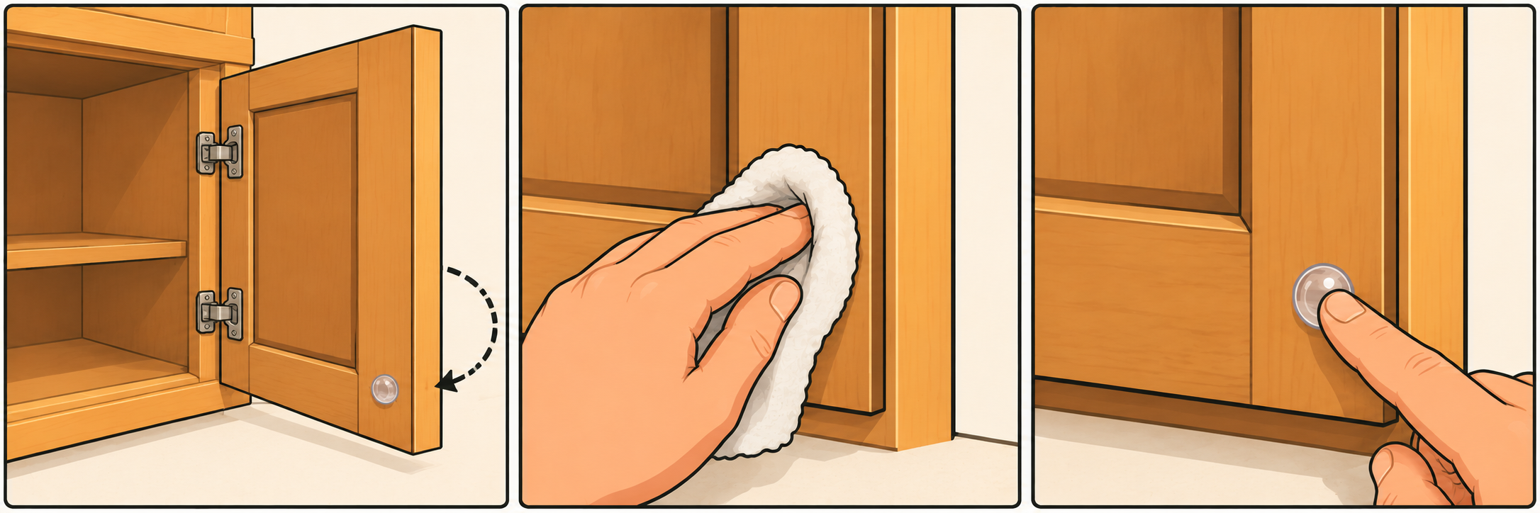 Example shown: the bumper sits on the flat inside face near the lower corner opposite the hinges, where the door meets the frame. Match your cabinet's original contact point.